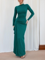 Green Long Sleeve Pleated Back Lace Up Ruffles Prom Evening Maxi Dress