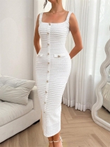 White Strapless Single Breasted Knitted Square Neck Bodycon Formal Midi Dress