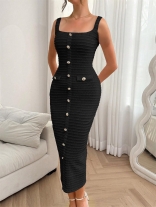 Black Strapless Single Breasted Knitted Square Neck Bodycon Formal Midi Dress