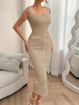 Khaki Strapless Single Breasted Knitted Square Neck Bodycon Formal Midi Dress