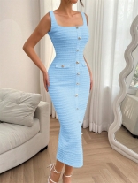 Blue Strapless Single Breasted Knitted Square Neck Bodycon Formal Midi Dress