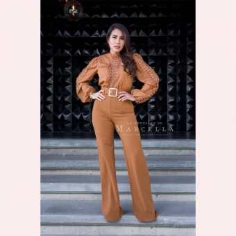 Khaki Lace Hollow Out Long Sleeve Patchwork Casual Women Sexy Jumpsuit