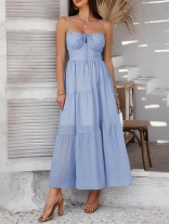 Blue Strapless Low Cut Lace Up Pleated Boho Vacation Long Dress