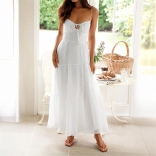 White Strapless Low Cut Lace Up Pleated Boho Vacation Long Dress