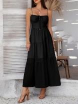 Black Strapless Low Cut Lace Up Pleated Boho Vacation Long Dress