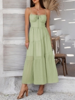 Green Strapless Low Cut Lace Up Pleated Boho Vacation Long Dress