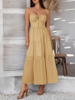 Yellow Strapless Low Cut Lace Up Pleated Boho Vacation Long Dress