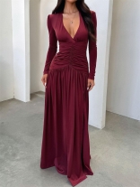 Claret Deep V Neck Long Sleeve Pleated Waist Evening Party Maxi Dress