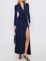 Royal Blue Deep V Neck Long Sleeve Pleated Waist Evening Party Maxi Dress