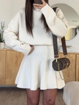 White Knitting Long Sleeve Sweaters Women's Casual Skirt Dress