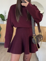 Claret Knitting Long Sleeve Sweaters Women's Casual Skirt Dress