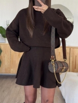 Brown Knitting Long Sleeve Sweaters Women's Casual Skirt Dress