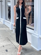 Black Sleeveless Knitting Single Breasted Slit Fashion Casual Elegant Midi Dress