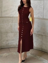 Claret Sleeveless Knitting Single Breasted Slit Fashion Casual Elegant Midi Dress
