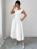 White O Neck Elegant Women Backless Pleated Evening Party Midi Dress
