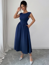Royal Blue O Neck Elegant Women Backless Pleated Evening Party Midi Dress