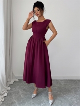 Claret O Neck Elegant Women Backless Pleated Evening Party Midi Dress