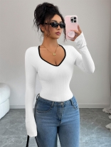 White Long Sleeve Knitted V Neck Fall & Winter Sweaters Women T-Skirt