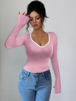 Pink Long Sleeve Knitted V Neck Fall & Winter Sweaters Women T-Skirt