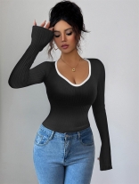 Black Long Sleeve Knitted V Neck Fall & Winter Sweaters Women T-Skirt