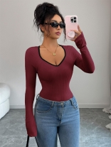 Wine Red Long Sleeve Knitted V Neck Fall & Winter Sweaters Women T-Skirt