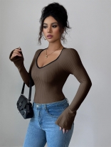 Coffee Long Sleeve Knitted V Neck Fall & Winter Sweaters Women T-Skirt