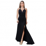 Black Halter V Neck Elegant Pleated Split Evening Long Dress