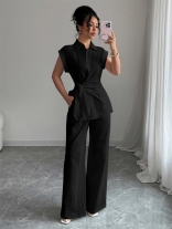 Black Cotton Linen Short Sleeve Single Breasted Top Casual Women Pant Sets Dress