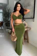 Green Straps Sexy V Neck Bra Tops Bandage Party Pleated Midi Skirt Set Dress