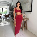 Red Straps Sexy V Neck Bra Tops Bandage Party Pleated Midi Skirt Set Dress