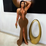 Brown Backless Deep V neck Rings Bodycon Split Evening Maxi Dress