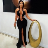 Black Backless Deep V neck Rings Bodycon Split Evening Maxi Dress
