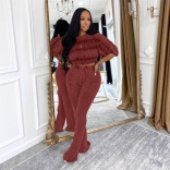 Red Half Sleeve Pleated Fashion Tops Lace Up Waisted Bodycon Pant Sets Dress