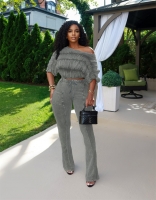 Gray Half Sleeve Pleated Fashion Tops Lace Up Waisted Bodycon Pant Sets Dress