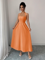 Orange Straps Low Cut Sexy Women Pleated Casual Midi Dress