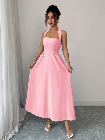 Pink Straps Low Cut Sexy Women Pleated Casual Midi Dress