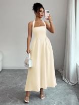 Apricot Straps Low Cut Sexy Women Pleated Casual Midi Dress