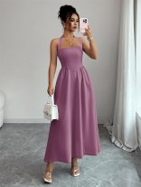Purple Straps Low Cut Sexy Women Pleated Casual Midi Dress