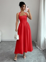 Red Straps Low Cut Sexy Women Pleated Casual Midi Dress