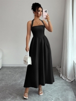 Black Straps Low Cut Sexy Women Pleated Casual Midi Dress