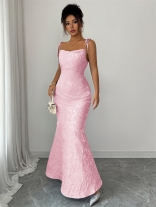 Pink Straps Low Cut Lace Bodycon Women Evening Party Prom Long Dress