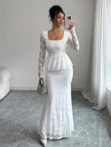 White Long Sleeve Lace Hollow Out Ruffles Waist Elegant Wedding Long Dress