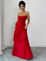 Red Off Shoulder Pleated Ruffles Mesh Elegant Birthday Party Long Dress