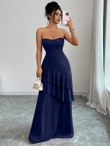 Royal Blue Off Shoulder Pleated Ruffles Mesh Elegant Birthday Party Long Dress