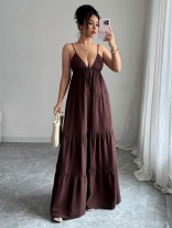 Brown Straps V Neck Pleated Backless Casual Vacation Long Dress