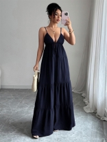 Royal Blue Straps V Neck Pleated Backless Casual Vacation Long Dress