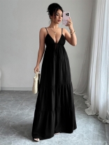 Black Straps V Neck Pleated Backless Casual Vacation Long Dress