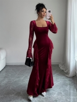 Red Lace Hollow Out Ruffles Elegant Evening Formal Long Dress