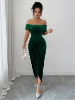 Green Off Shoulder Vevelt Fashion Pleated Slit Midi Dress