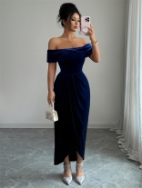 Black Off Shoulder Vevelt Fashion Pleated Slit Midi Dress